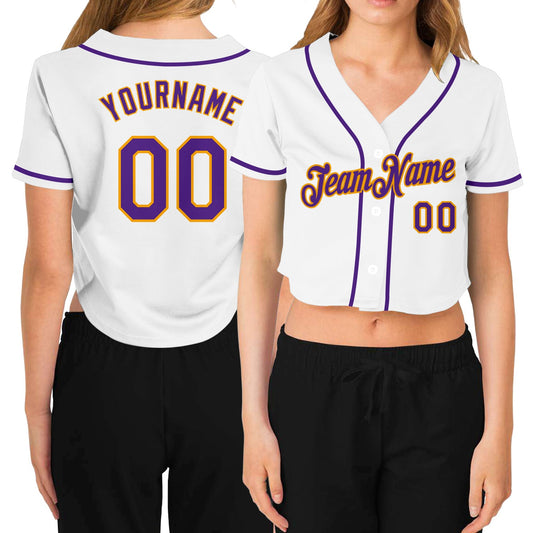 Custom Women's White Purple-Gold V-Neck Cropped Baseball Jersey - Sky-Custom