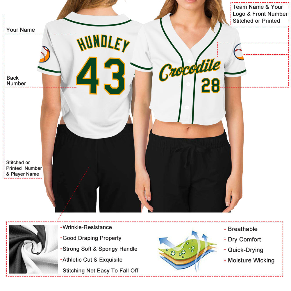 Custom Women's White Green-Gold V-Neck Cropped Baseball Jersey - Sky-Custom