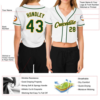 Custom Women's White Green-Gold V-Neck Cropped Baseball Jersey - Sky-Custom