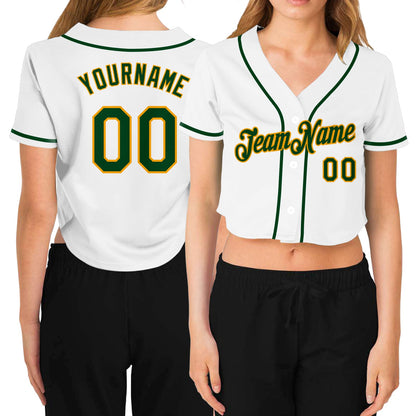 Custom Women's White Green-Gold V-Neck Cropped Baseball Jersey - Sky-Custom