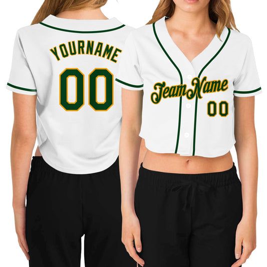 Custom Women's White Green-Gold V-Neck Cropped Baseball Jersey - Sky-Custom