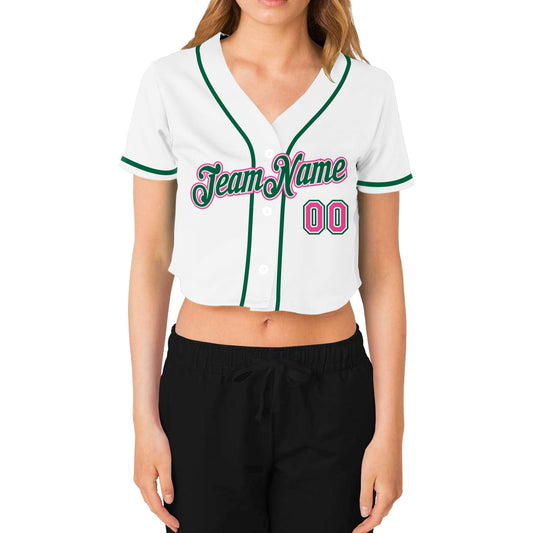 Custom Women's White Pink-Green V-Neck Cropped Baseball Jersey - Sky-Custom