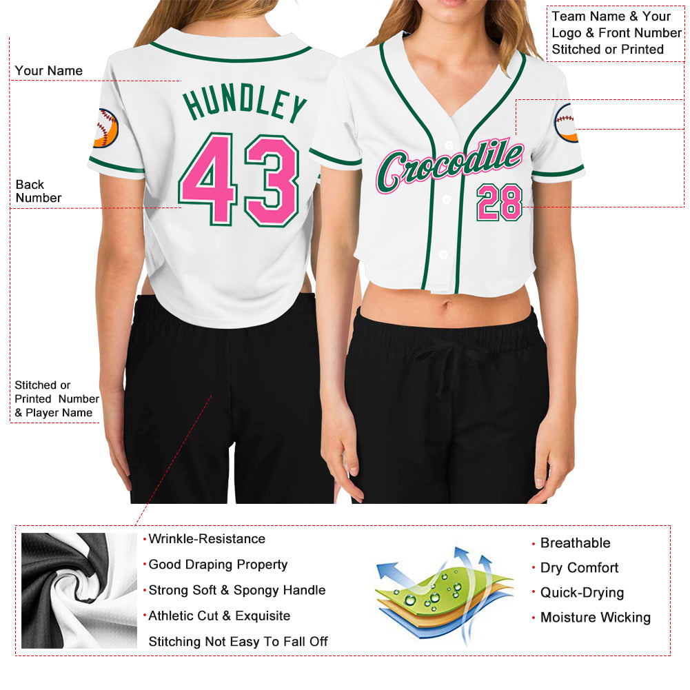 Custom Women's White Pink-Green V-Neck Cropped Baseball Jersey - Sky-Custom