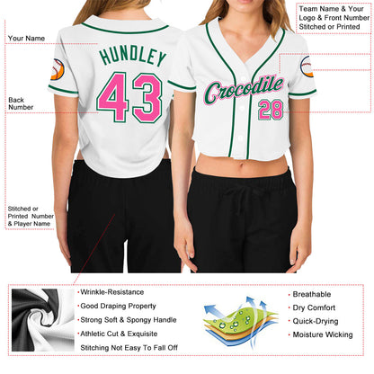 Custom Women's White Pink-Green V-Neck Cropped Baseball Jersey - Sky-Custom