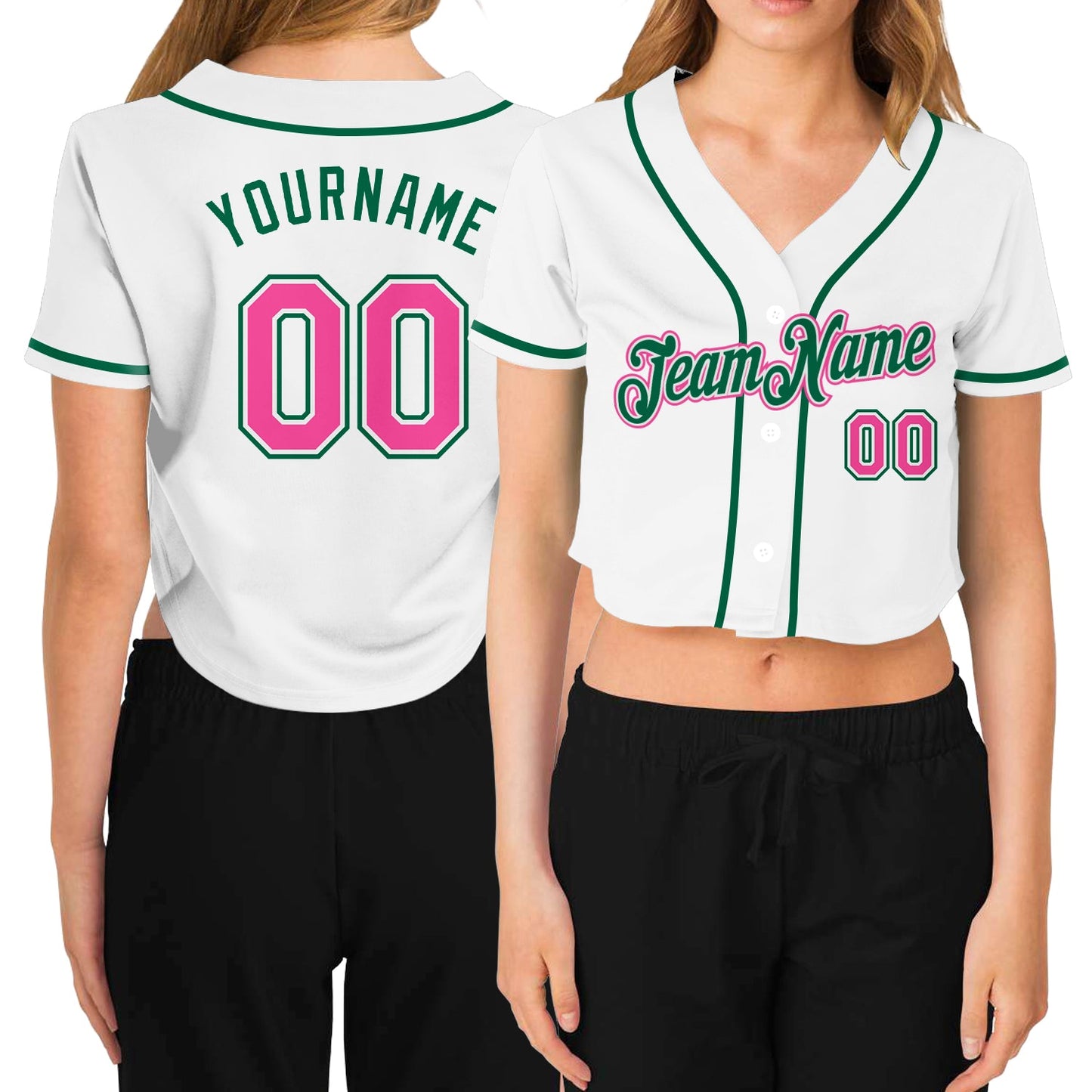 Custom Women's White Pink-Green V-Neck Cropped Baseball Jersey - Sky-Custom
