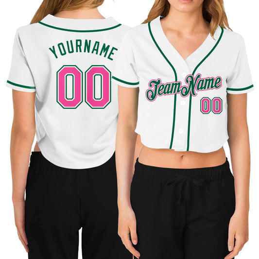 Custom Women's White Pink-Green V-Neck Cropped Baseball Jersey - Sky-Custom