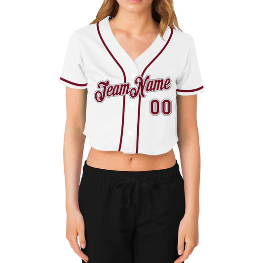 Custom Women's White Crimson-Gray V-Neck Cropped Baseball Jersey - Sky-Custom