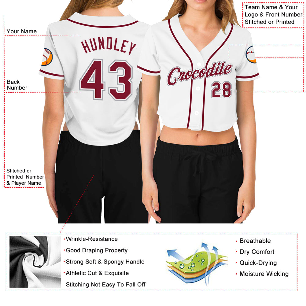 Custom Women's White Crimson-Gray V-Neck Cropped Baseball Jersey - Sky-Custom