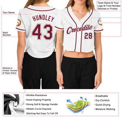 Custom Women's White Crimson-Gray V-Neck Cropped Baseball Jersey - Sky-Custom