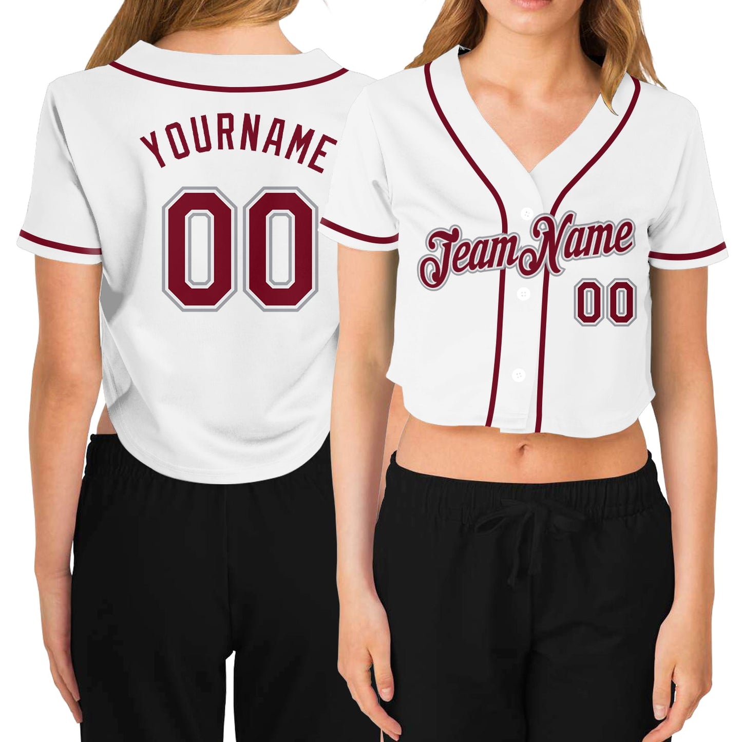Custom Women's White Crimson-Gray V-Neck Cropped Baseball Jersey - Sky-Custom