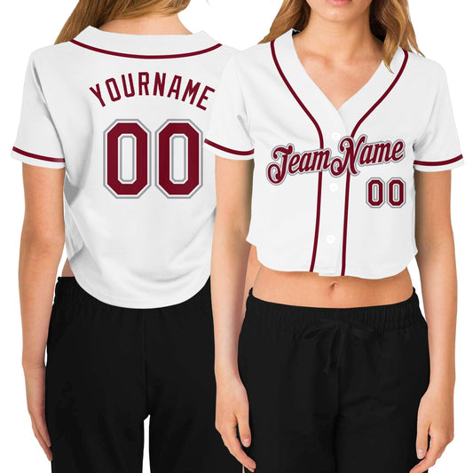 Custom Women's White Crimson-Gray V-Neck Cropped Baseball Jersey - Sky-Custom