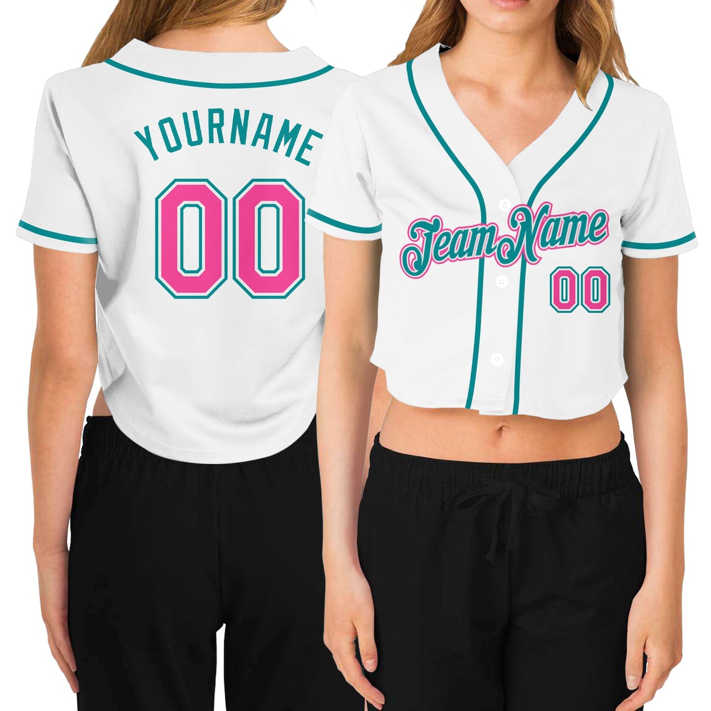 Custom Women's White Pink-Aqua V-Neck Cropped Baseball Jersey - Sky-Custom