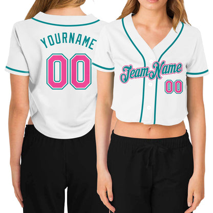 Custom Women's White Pink-Aqua V-Neck Cropped Baseball Jersey - Sky-Custom