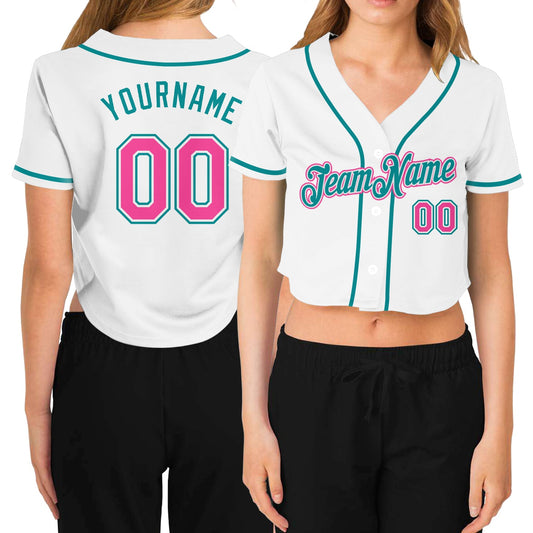 Custom Women's White Pink-Aqua V-Neck Cropped Baseball Jersey - Sky-Custom