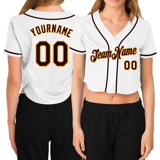 Custom Women's White Brown-Gold V-Neck Cropped Baseball Jersey - Sky-Custom