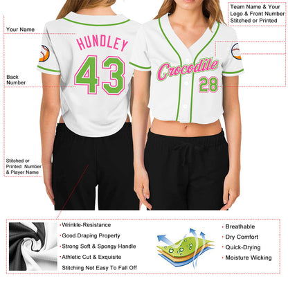 Custom Women's White Neon Green-Pink V-Neck Cropped Baseball Jersey - Sky-Custom