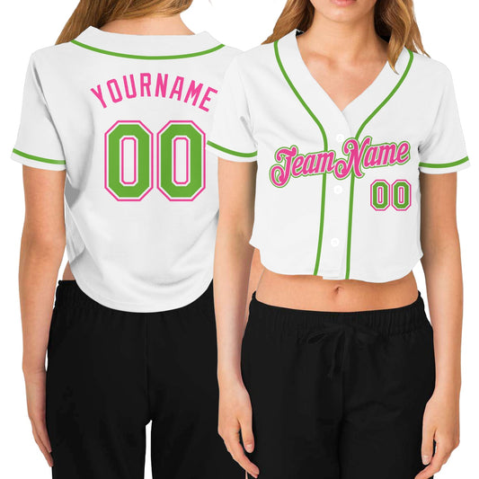 Custom Women's White Neon Green-Pink V-Neck Cropped Baseball Jersey - Sky-Custom