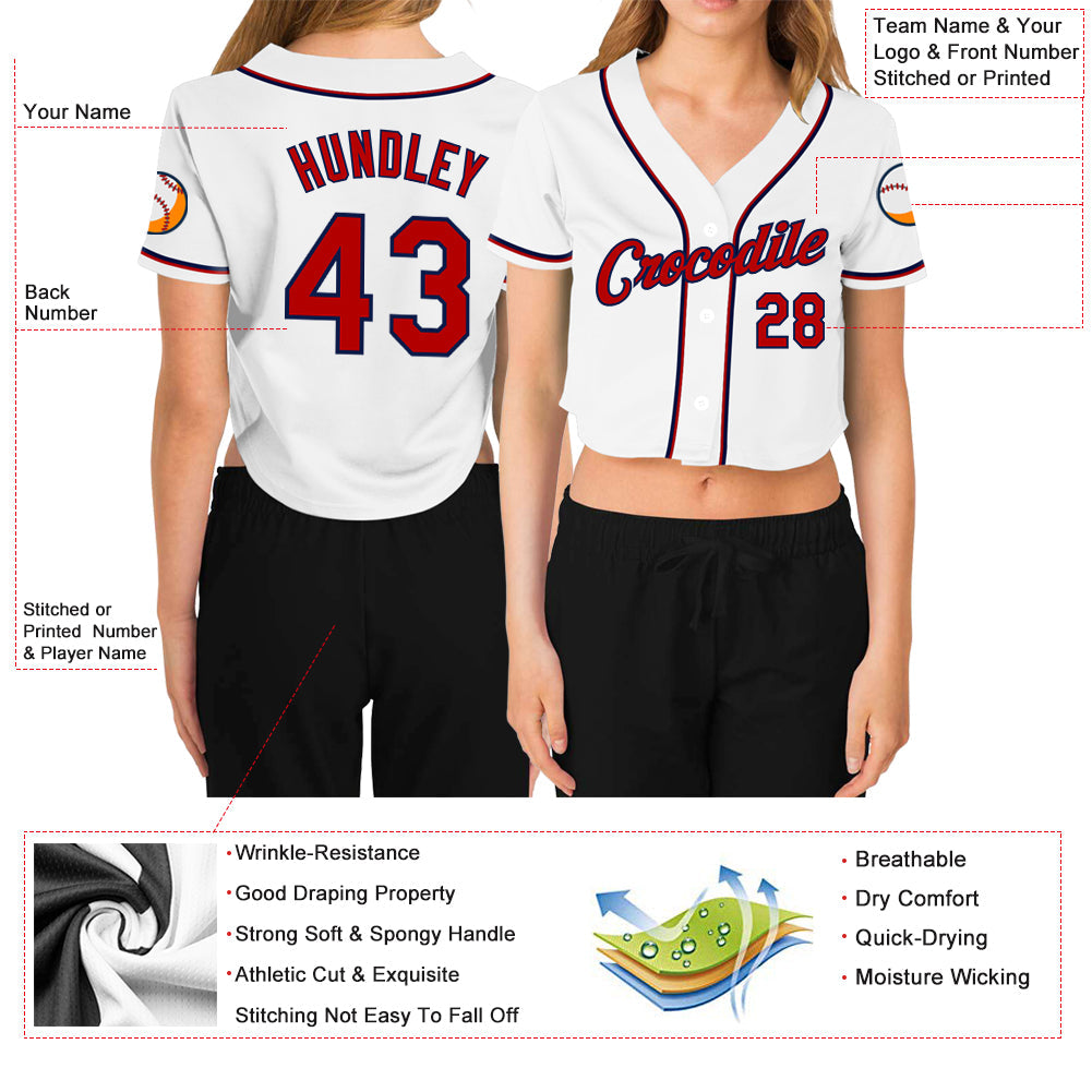 Custom Women's White Red-Navy V-Neck Cropped Baseball Jersey - Sky-Custom