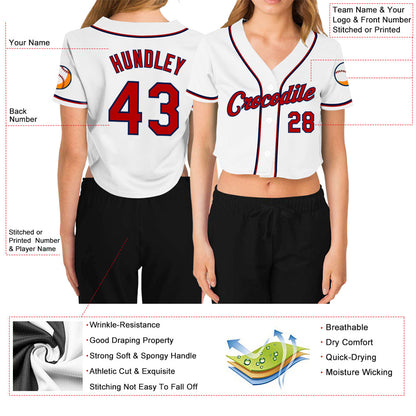 Custom Women's White Red-Navy V-Neck Cropped Baseball Jersey - Sky-Custom