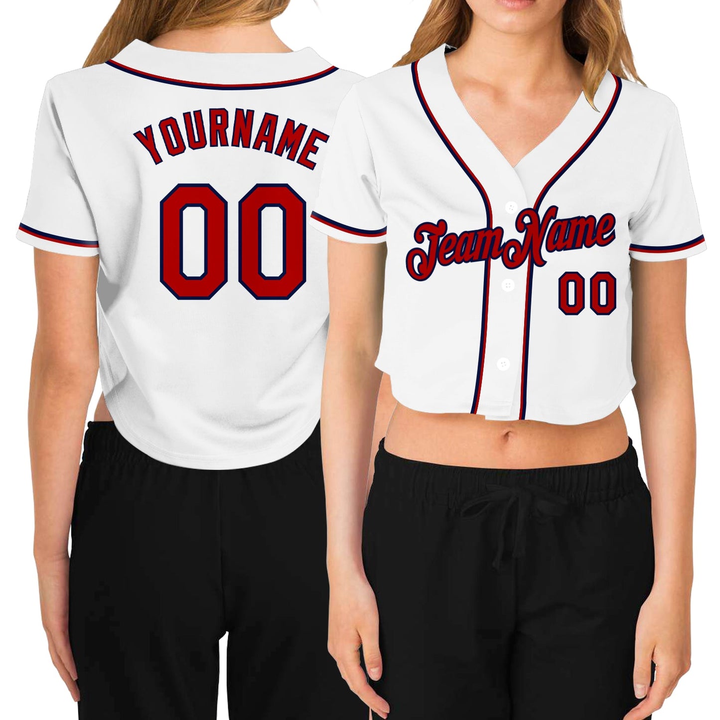 Custom Women's White Red-Navy V-Neck Cropped Baseball Jersey - Sky-Custom