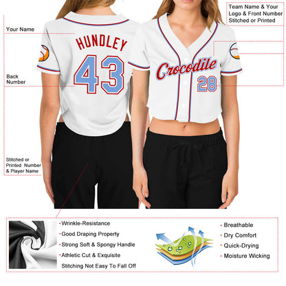 Custom Women's White Light Blue-Red V-Neck Cropped Baseball Jersey - Sky-Custom
