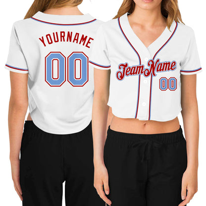 Custom Women's White Light Blue-Red V-Neck Cropped Baseball Jersey - Sky-Custom
