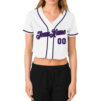 Custom Women's White Purple-Black V-Neck Cropped Baseball Jersey - Sky-Custom