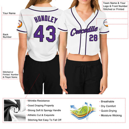 Custom Women's White Purple-Black V-Neck Cropped Baseball Jersey - Sky-Custom