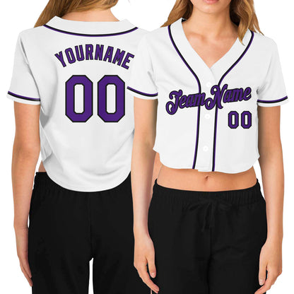 Custom Women's White Purple-Black V-Neck Cropped Baseball Jersey - Sky-Custom