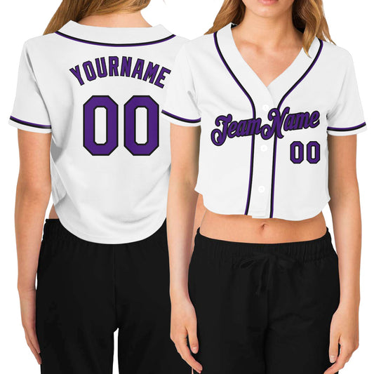 Custom Women's White Purple-Black V-Neck Cropped Baseball Jersey - Sky-Custom