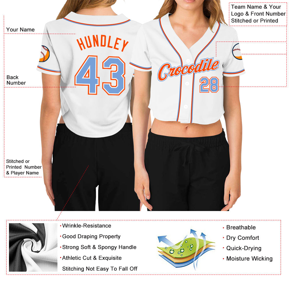 Custom Women's White Light Blue-Orange V-Neck Cropped Baseball Jersey - Sky-Custom