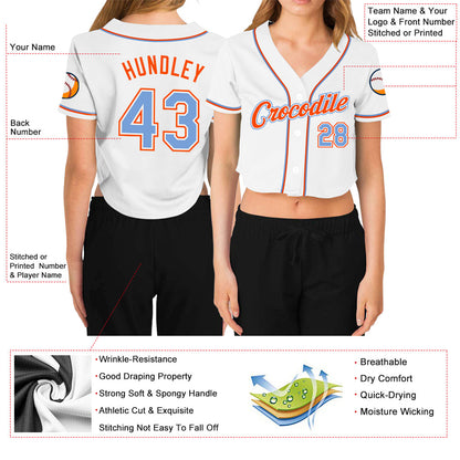 Custom Women's White Light Blue-Orange V-Neck Cropped Baseball Jersey - Sky-Custom