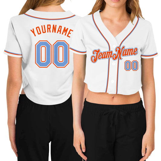 Custom Women's White Light Blue-Orange V-Neck Cropped Baseball Jersey - Sky-Custom