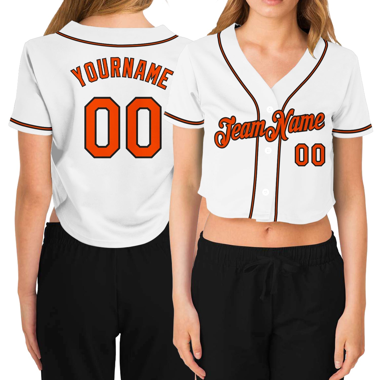Custom Women's White Orange-Black V-Neck Cropped Baseball Jersey - Sky-Custom