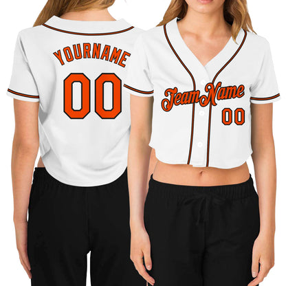 Custom Women's White Orange-Black V-Neck Cropped Baseball Jersey - Sky-Custom
