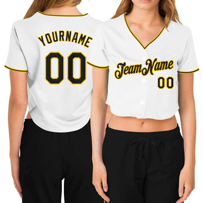 Custom Women's White Black-Gold V-Neck Cropped Baseball Jersey - Sky-Custom