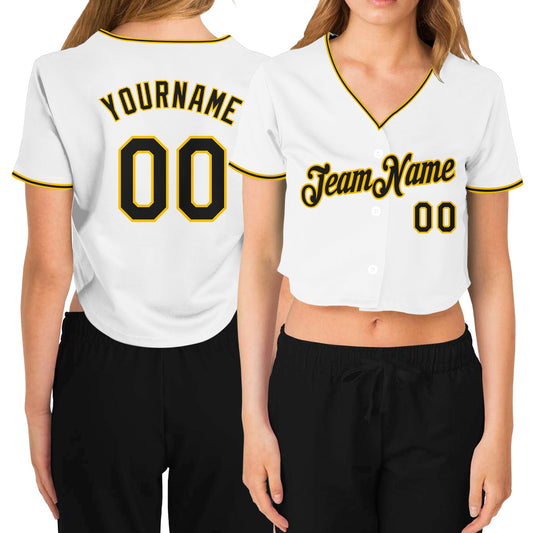 Custom Women's White Black-Gold V-Neck Cropped Baseball Jersey - Sky-Custom