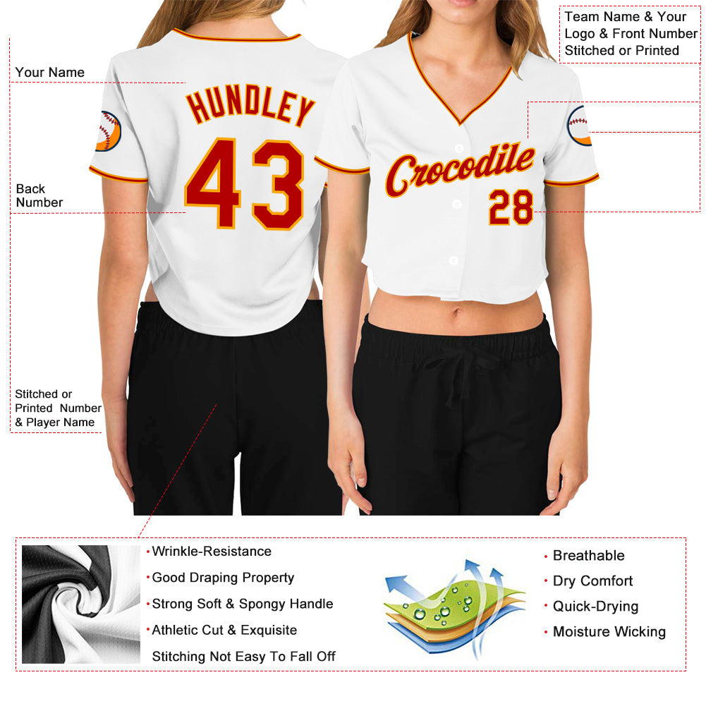 Custom Women's White Red-Gold V-Neck Cropped Baseball Jersey - Sky-Custom
