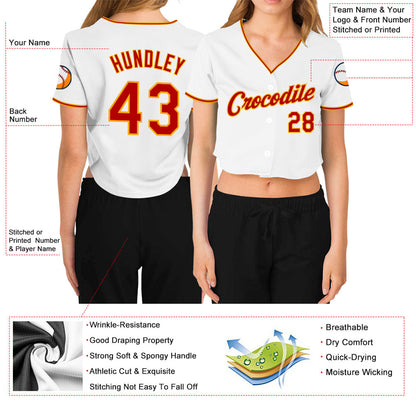 Custom Women's White Red-Gold V-Neck Cropped Baseball Jersey - Sky-Custom