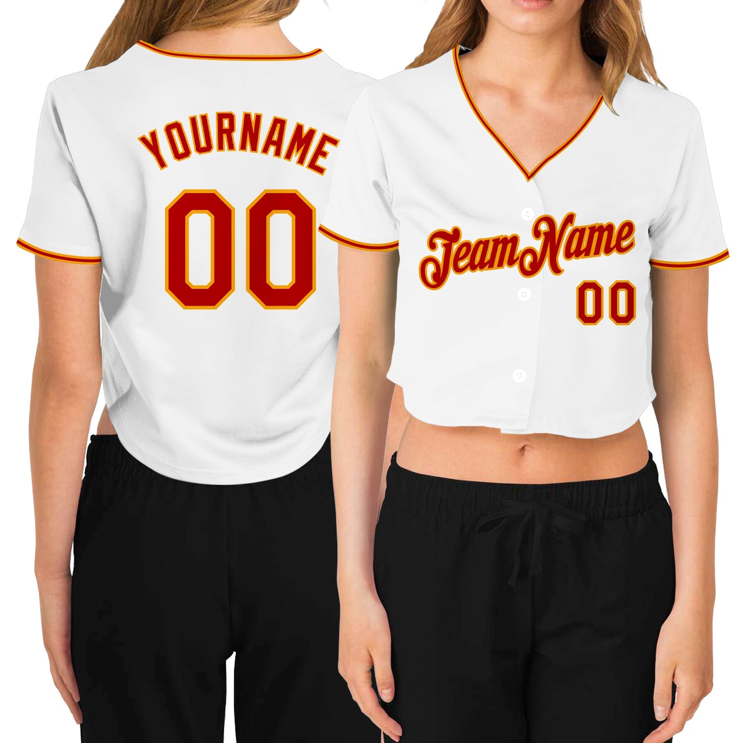 Custom Women's White Red-Gold V-Neck Cropped Baseball Jersey - Sky-Custom