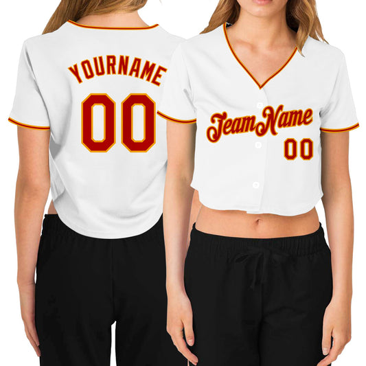 Custom Women's White Red-Gold V-Neck Cropped Baseball Jersey - Sky-Custom