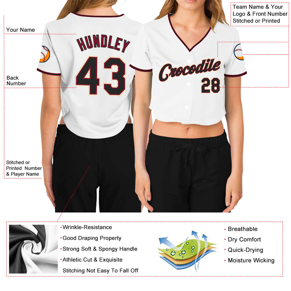 Custom Women's White Black Crimson-Cream V-Neck Cropped Baseball Jersey - Sky-Custom