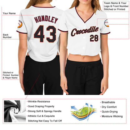Custom Women's White Black Crimson-Cream V-Neck Cropped Baseball Jersey - Sky-Custom