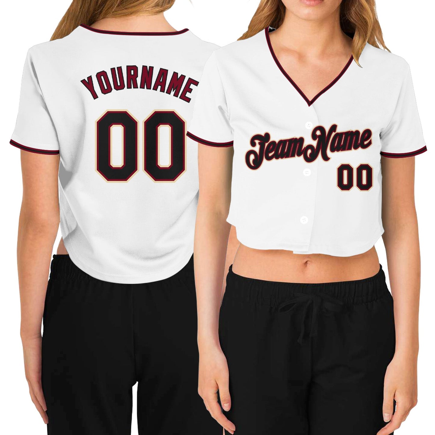 Custom Women's White Black Crimson-Cream V-Neck Cropped Baseball Jersey - Sky-Custom