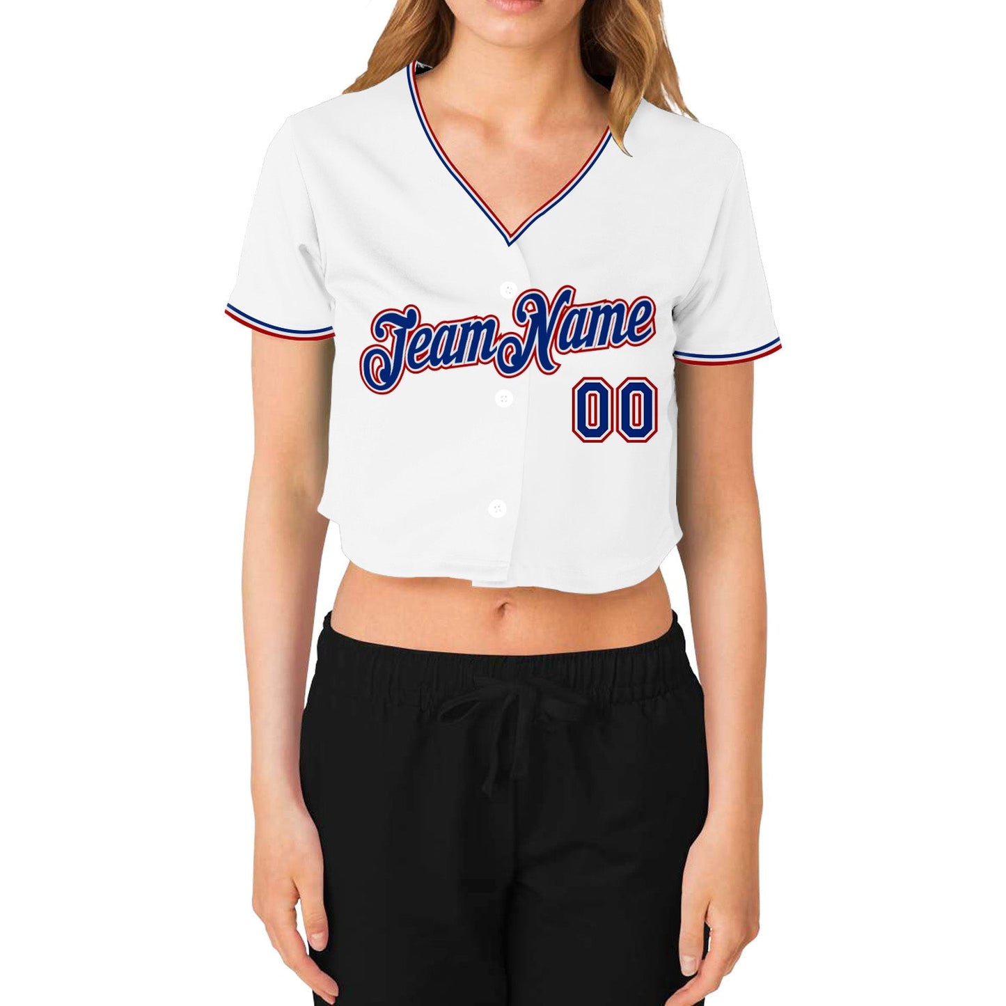 Custom Women's White Royal-Red V-Neck Cropped Baseball Jersey - Sky-Custom