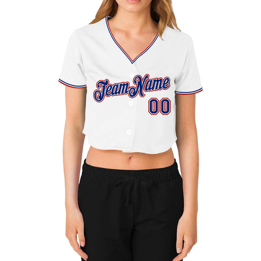 Custom Women's White Royal-Red V-Neck Cropped Baseball Jersey - Sky-Custom