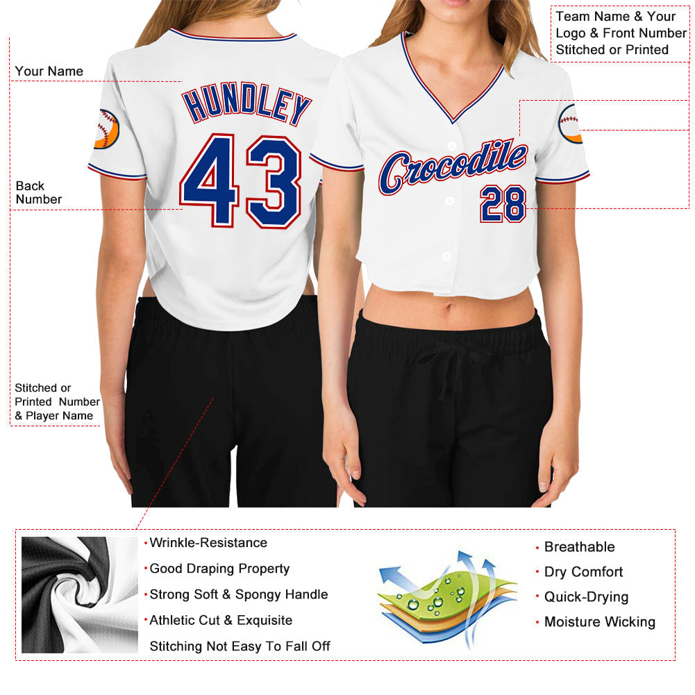 Custom Women's White Royal-Red V-Neck Cropped Baseball Jersey - Sky-Custom