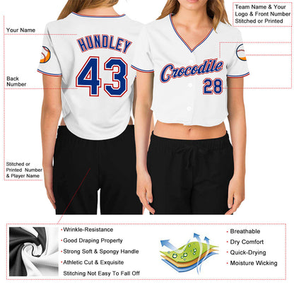 Custom Women's White Royal-Red V-Neck Cropped Baseball Jersey - Sky-Custom