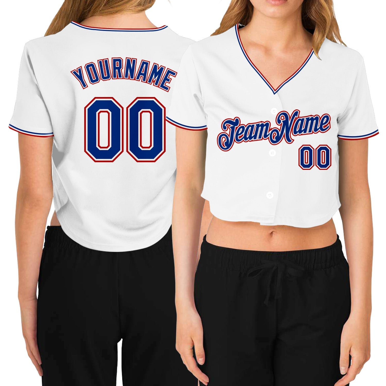Custom Women's White Royal-Red V-Neck Cropped Baseball Jersey - Sky-Custom