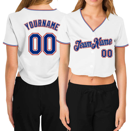 Custom Women's White Royal-Red V-Neck Cropped Baseball Jersey - Sky-Custom